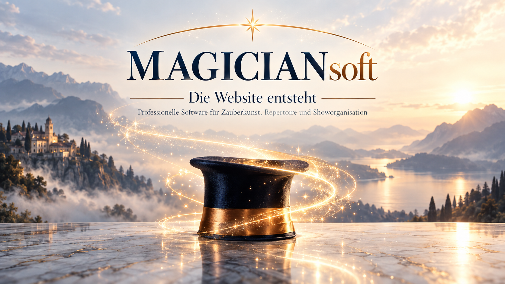 MAGICIANsoft. Die Website entsteht. Professionelle Software für Zauberkunst, Repertoire und Showorganisation. Eleganter Zauberhut mit goldenen Lichtspuren.